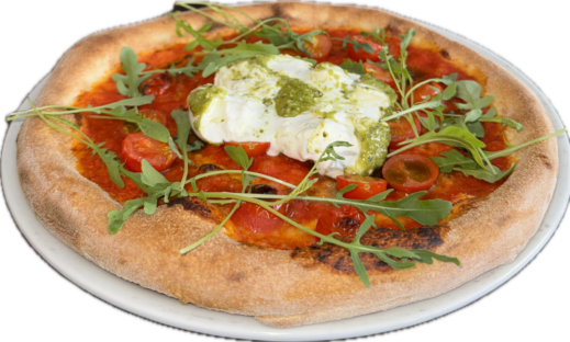 Knusprige Pizza mit cremiger Burrata, Basilikumsauce und frischem Rucola
