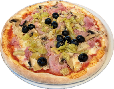 Knusprige Pizza mit Schinken, Pilzen, Oliven, Pfefferoni und Artischocken