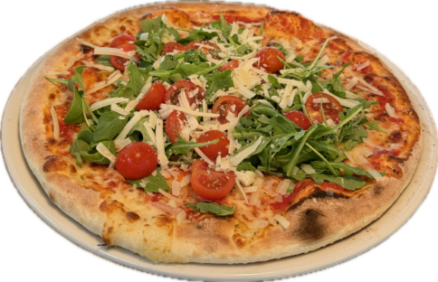 Knusprige Pizza mit Kirschtomaten, Parmesan und frischem Rucola