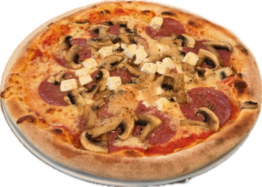 Knusprige Pizza mit Knoblauch, Pilzen, Salami und Schafkäse