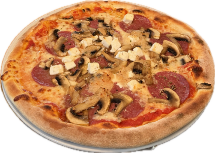 Knusprige Pizza mit Knoblauch, Pilzen, Salami und Schafkäse