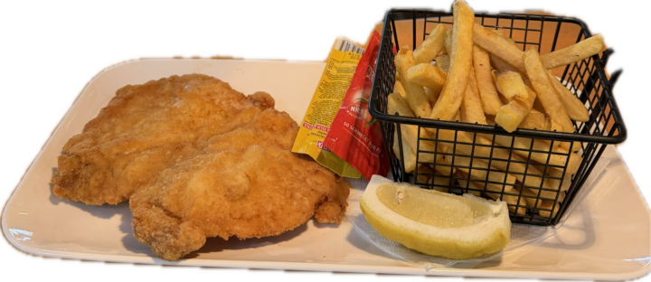 oldbraun paniertes Schnitzel, knusprig gebacken und frisch serviert
