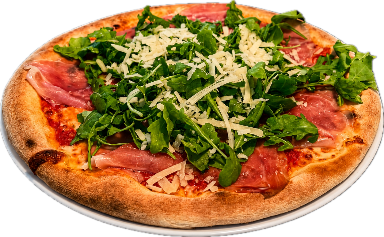 Knusprige Pizza mit Rohschinken, Parmesan und frischem Rucola